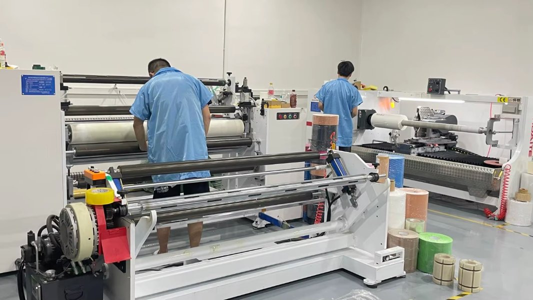 Slitting and cutting adhesive material into sections at the MedZen factory